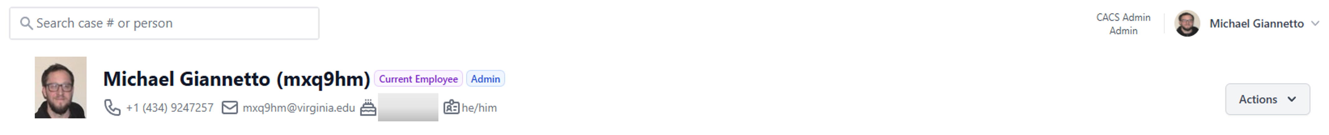 Profile header showing name, badges and Actions button