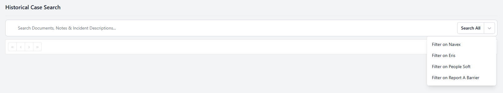 Historical Case Search with source system filter dropdown