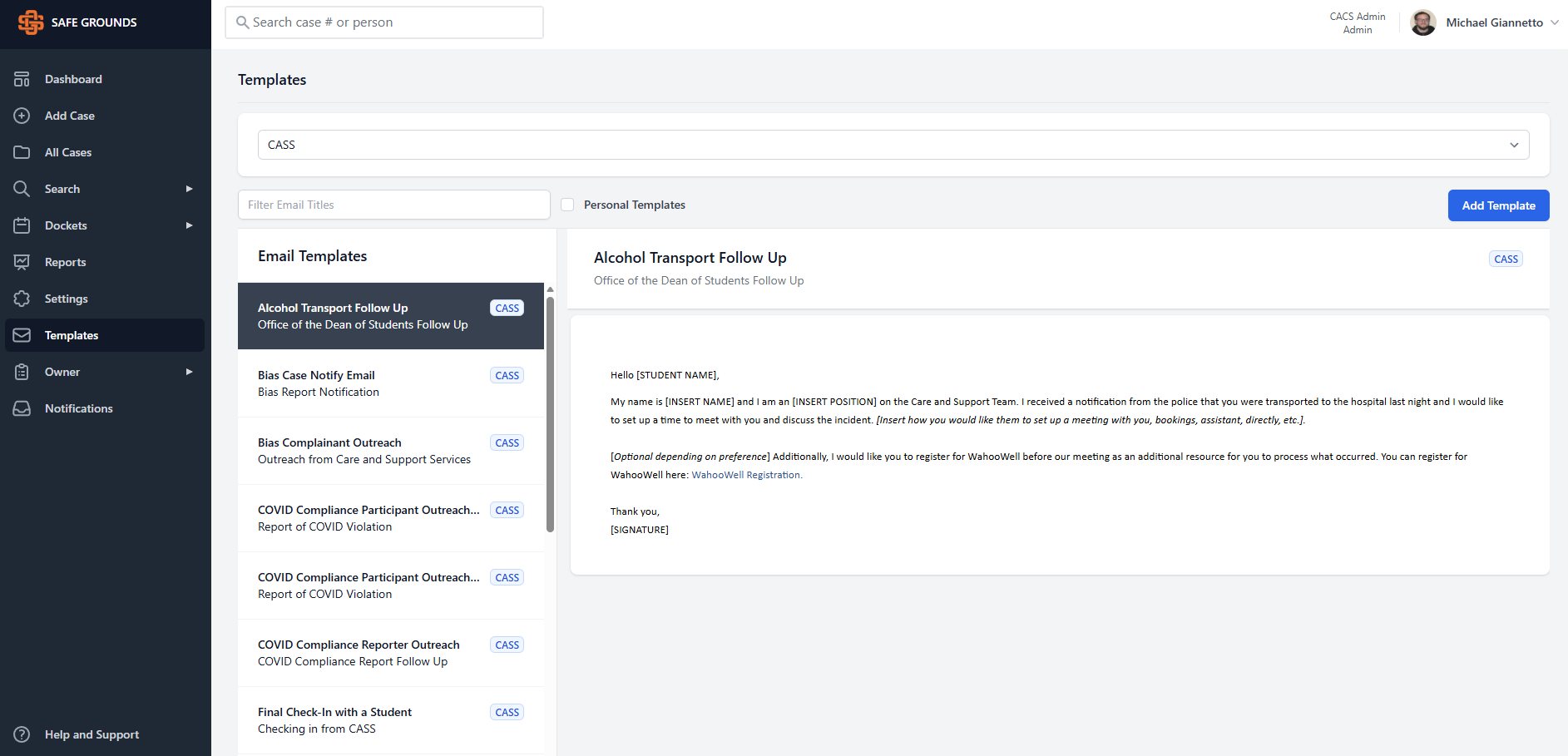 Email Templates page layout